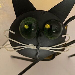 Black Cat, Metal, Tea Light Holder, White Whiskers, Green Eyes Glow When Lit!
